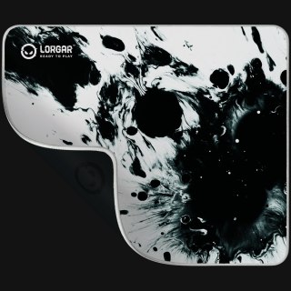 Full print white and black design, Bottom is black rubber with embossed LORGAR logo, with double side edge stitching