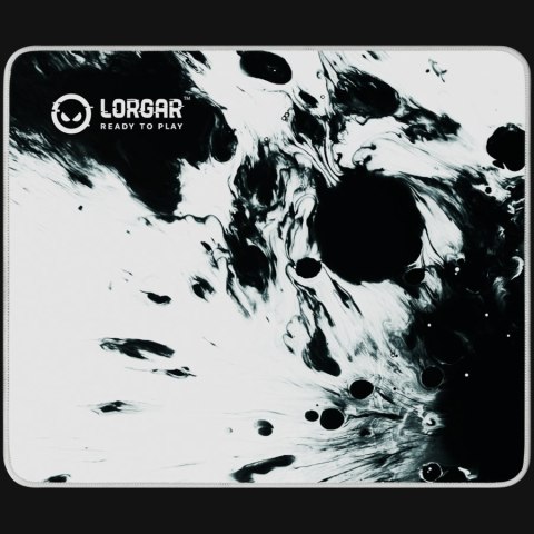 Full print white and black design, bottom is black rubber with embossed LORGAR logo with double side edge stitching