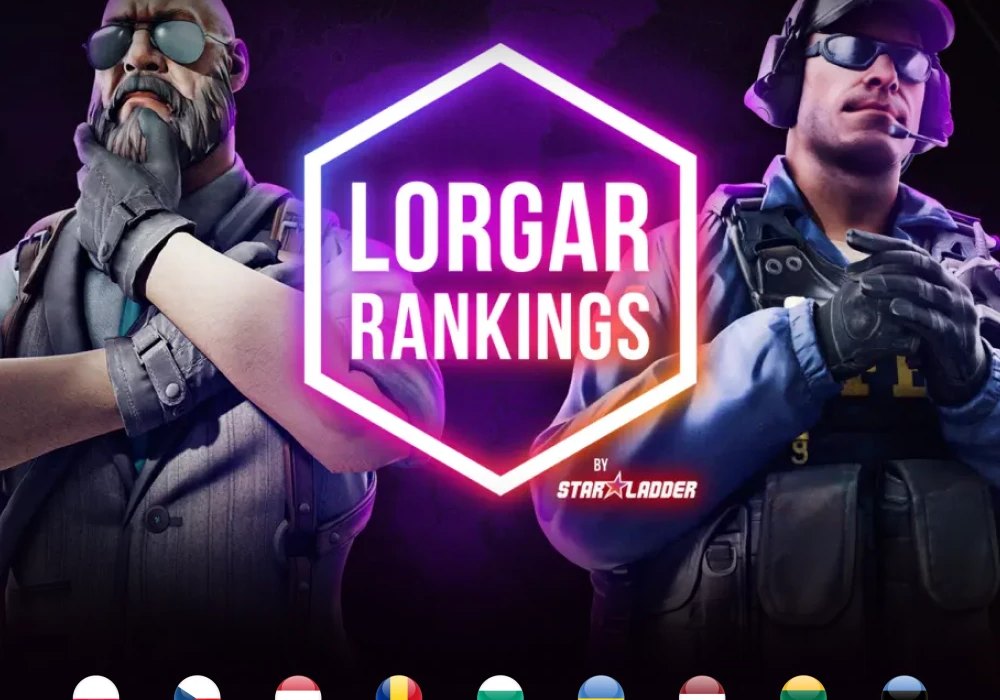 Key visual turnieju LORGAR RANKINGS by StarLadder z neonowym heksagonem i flagami kraj&oacute;w Europy Środkowo-Wschodniej