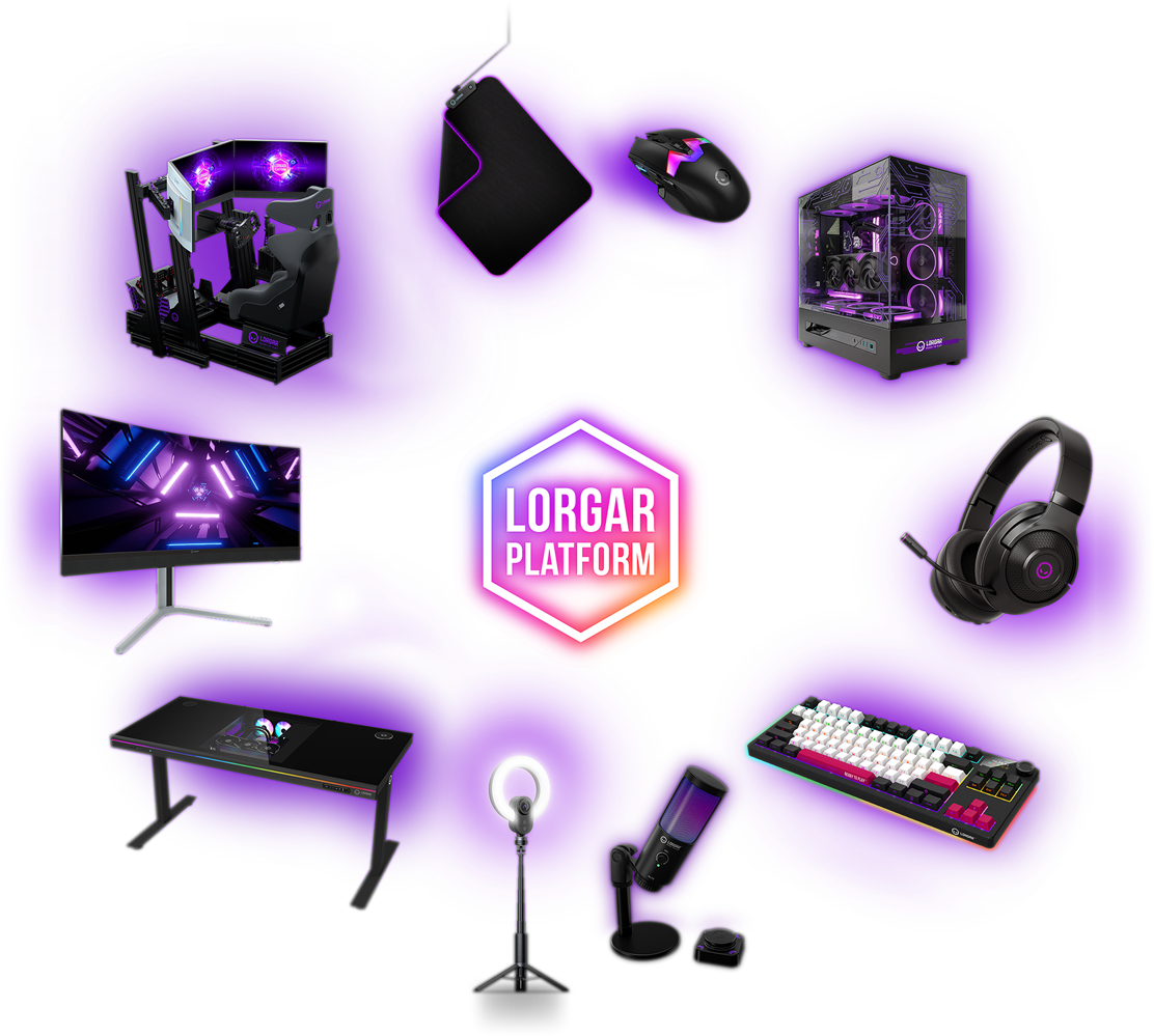 Ekosystem LORGAR PLATFORM &mdash; monitor, klawiatura, mysz, słuchawki, mikrofon, biurko i fotel wok&oacute;ł świecącego znaku PLATFORM