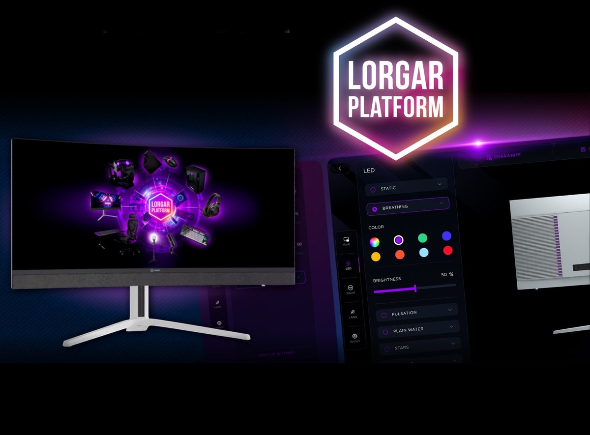 Monitor LORGAR z ekosystemem PLATFORM na ekranie i otwartym edytorem podświetlenia obok
