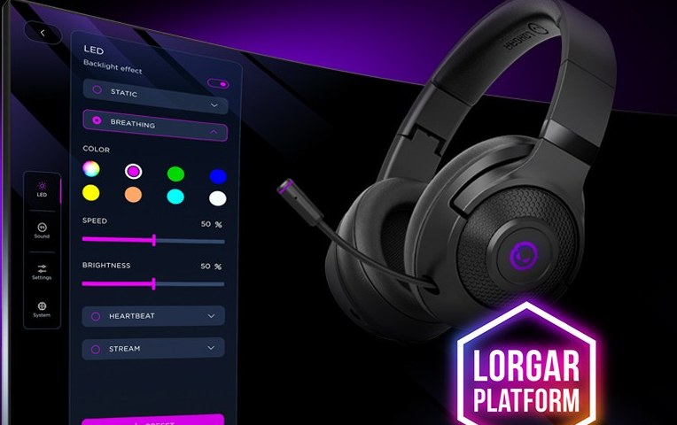 Edytor podświetlenia LORGAR PLATFORM obok słuchawek Kaya