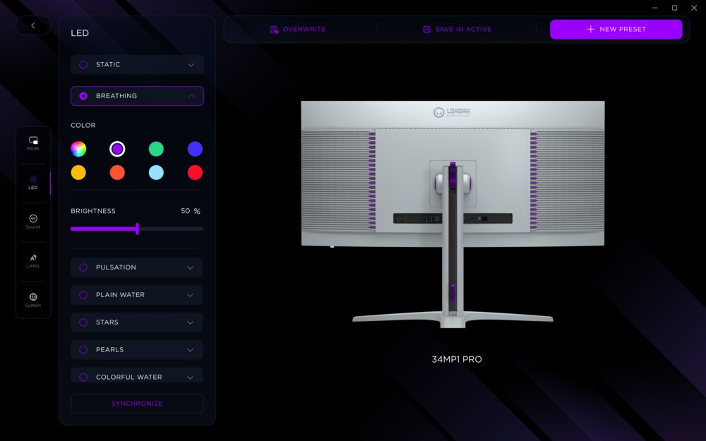 LORGAR PLATFORM &mdash; panel ustawień podświetlenia i schematu kolor&oacute;w